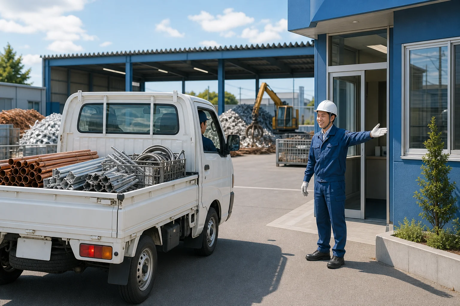 金属を積んだトラックをスタッフが受付で案内している様子